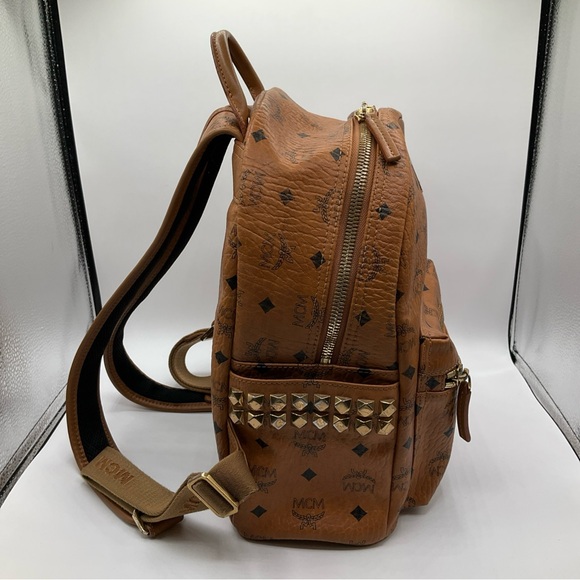 MCM Visetos Brown Cognac Monogram Gold Studded Leather Backpack - Picture 5 of 15